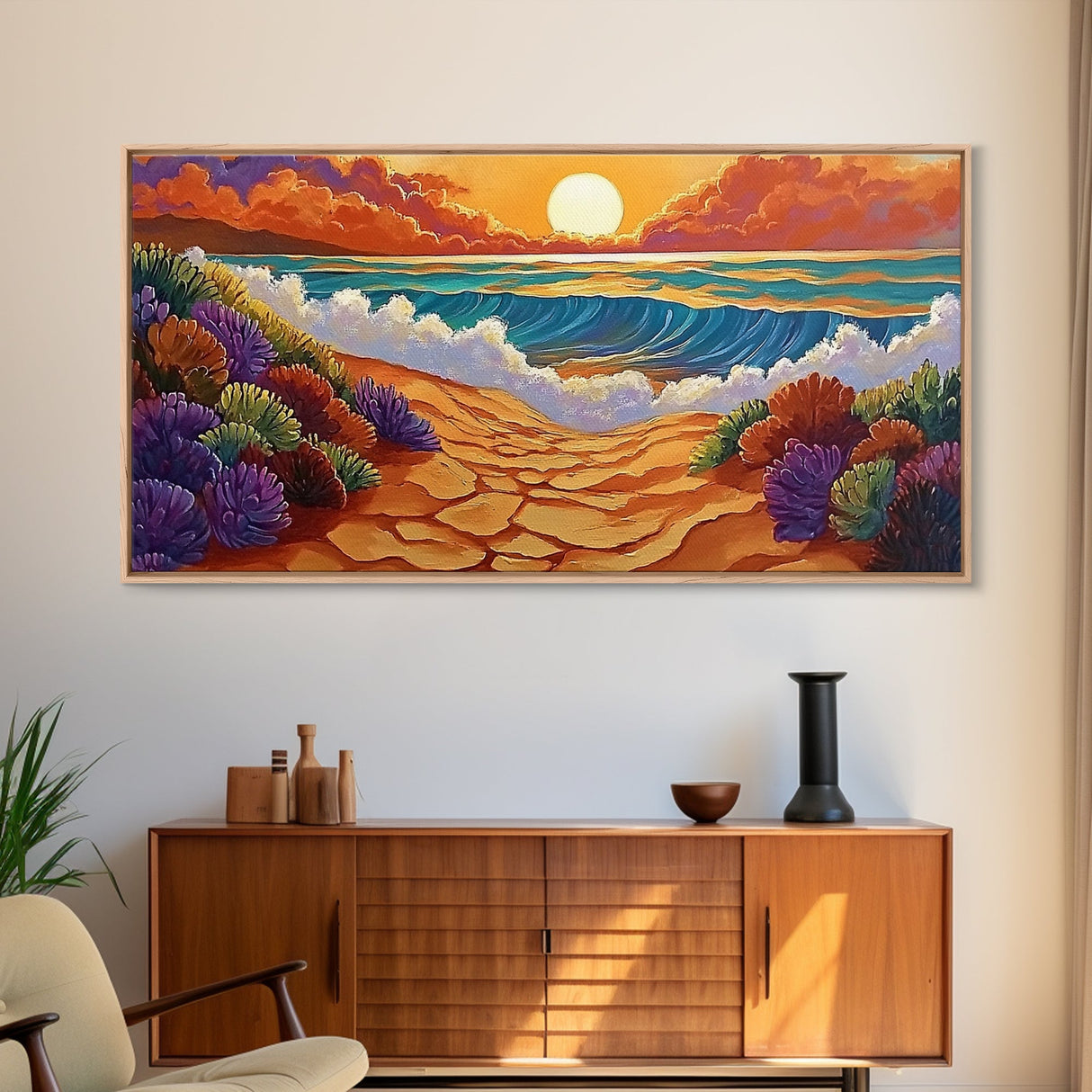 Beach Ocean, Sunrise, Coastal Path, Framed Canvas Print, Vibrant Seaside Art, Bathroom Wall Decor, Nature Landscape, Colorful Waves