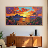 Mountains Tropical, Sunset, Palm Trees, Framed Canvas Print, Bold Landscape Art, Living Room Wall Decor, Sunset View, Boho Decor