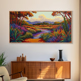 River Wildflowers, Autumn Trees, Mountain View, Framed Canvas Print, Fall Nature Art, Kitchen Wall Decor, Boho Landscape Painting