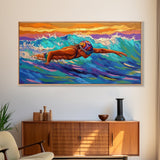Swimmer Waves, Sunset, Athletic Art, Framed Canvas Print, Ocean Decor, Fitness Wall Art, Bedroom Inspiration, Bold Summer Style