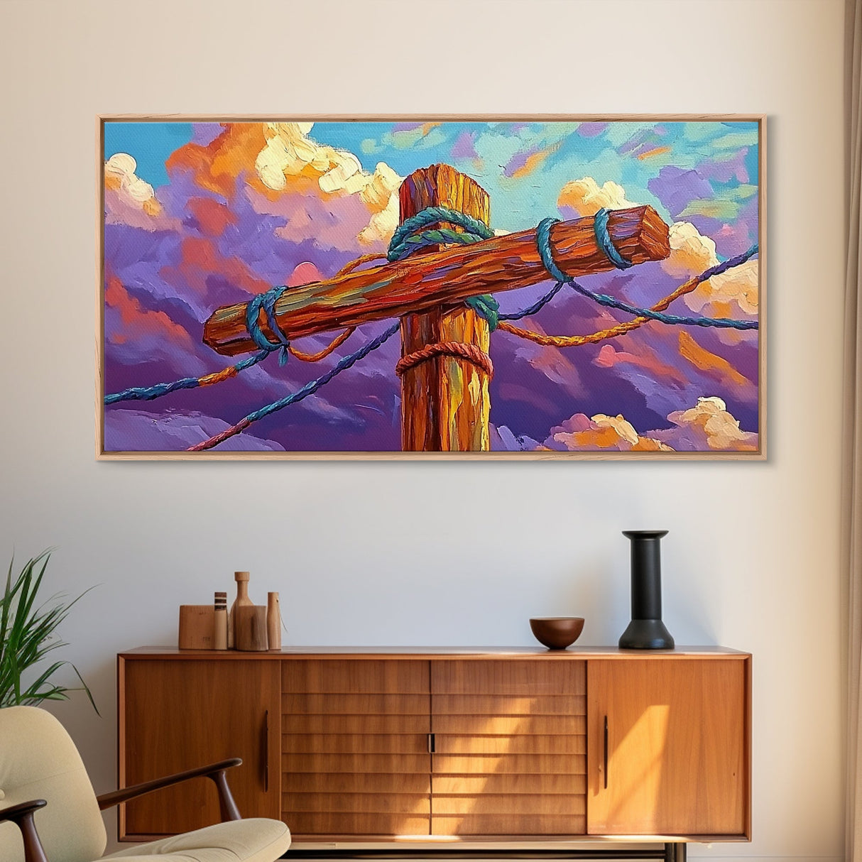Wooden Pole, Nautical, Rope, Clouds, Framed Canvas Print, Rustic Coastal Art, Bathroom Wall Decor, Ocean-Inspired, Beach House Style