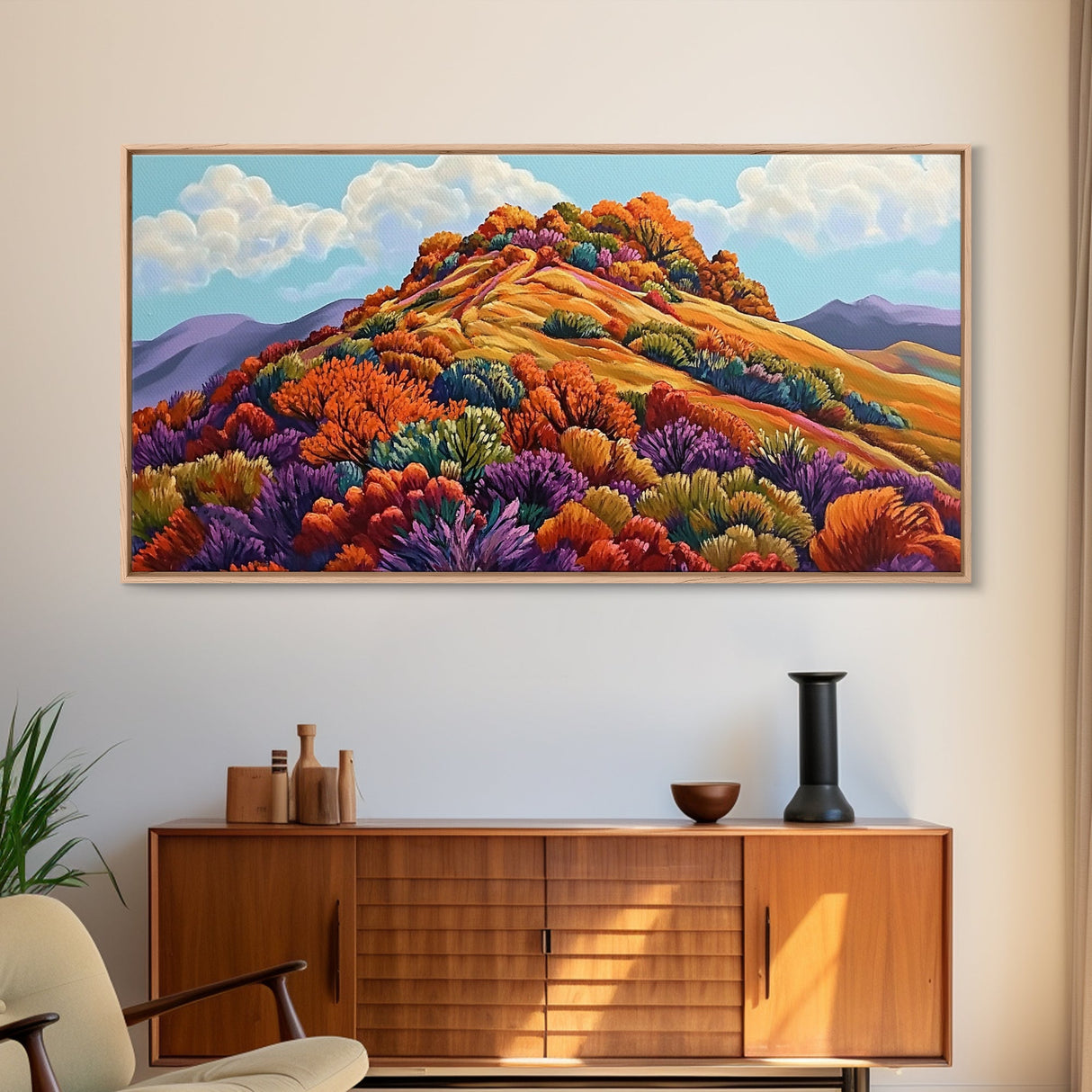 Autumn Hill, Landscape, Framed Canvas Print, Colorful Fall Mountain Scene, Cozy Autumn Wall Decor, Rustic Living Room Art