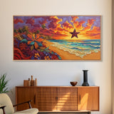 Beach Star, Flower, Sunset, Framed Canvas Print, beach sunset art with star, bold tropical flowers, palm trees, vivid sky, living room
