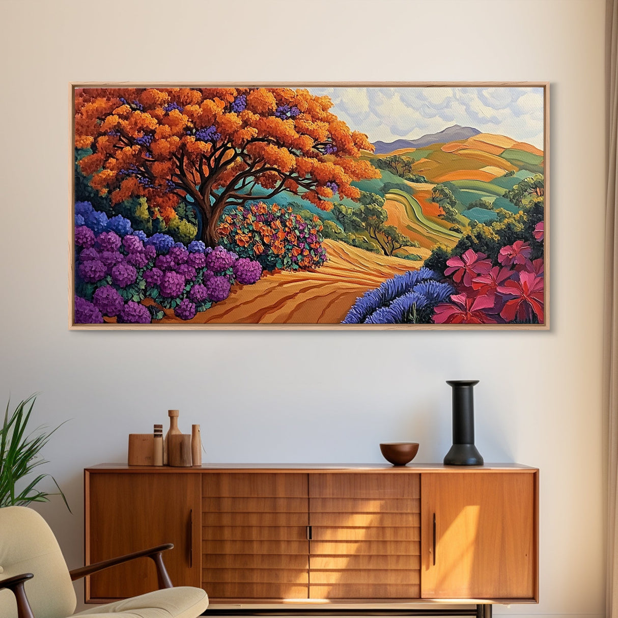 Tree Autumn, Hillside, Fields, Autumn hillside landscape, Framed Canvas Print, Fall Decor, Nature Inspired Wall Art, Living Room Art