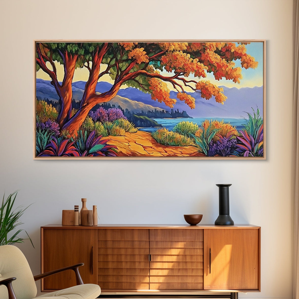 Tree Ocean, Autumn, Path, Coastal autumn treescape, Canvas Print, Warm Fall Tones, Nature Lover Gift, Living Room or Study Art