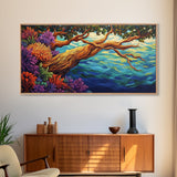 Tree, Ocean, Cliffside, Wildflowers, Framed Canvas Print, Vibrant ocean view, coastal tree decor, autumn style living room wall art