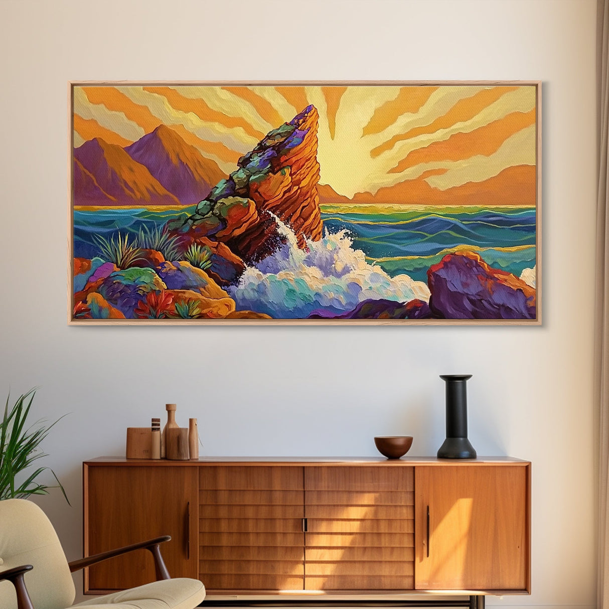 Sunrise, Waves, Rocks, Ocean, Canvas Print, Sunrise coastal print, ocean splash wall art, spiritual sunburst decor, beach home accent