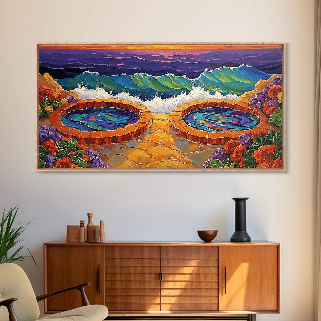 Hot Tubs, Ocean, Sunset, Waves, Framed Canvas Print, Seaside spa art, whimsical coastal print, boho beach bathroom art, spa decor