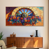 Rustic Floral, Window, Art, Framed Canvas, Print Mexican flower wagon wheel wall art, vibrant southwestern decor, boho patio print