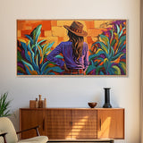Cowgirl Desert, Vibes, Art, Framed Canvas Print, Western woman cactus wall art, rustic country home decor, southwestern living room