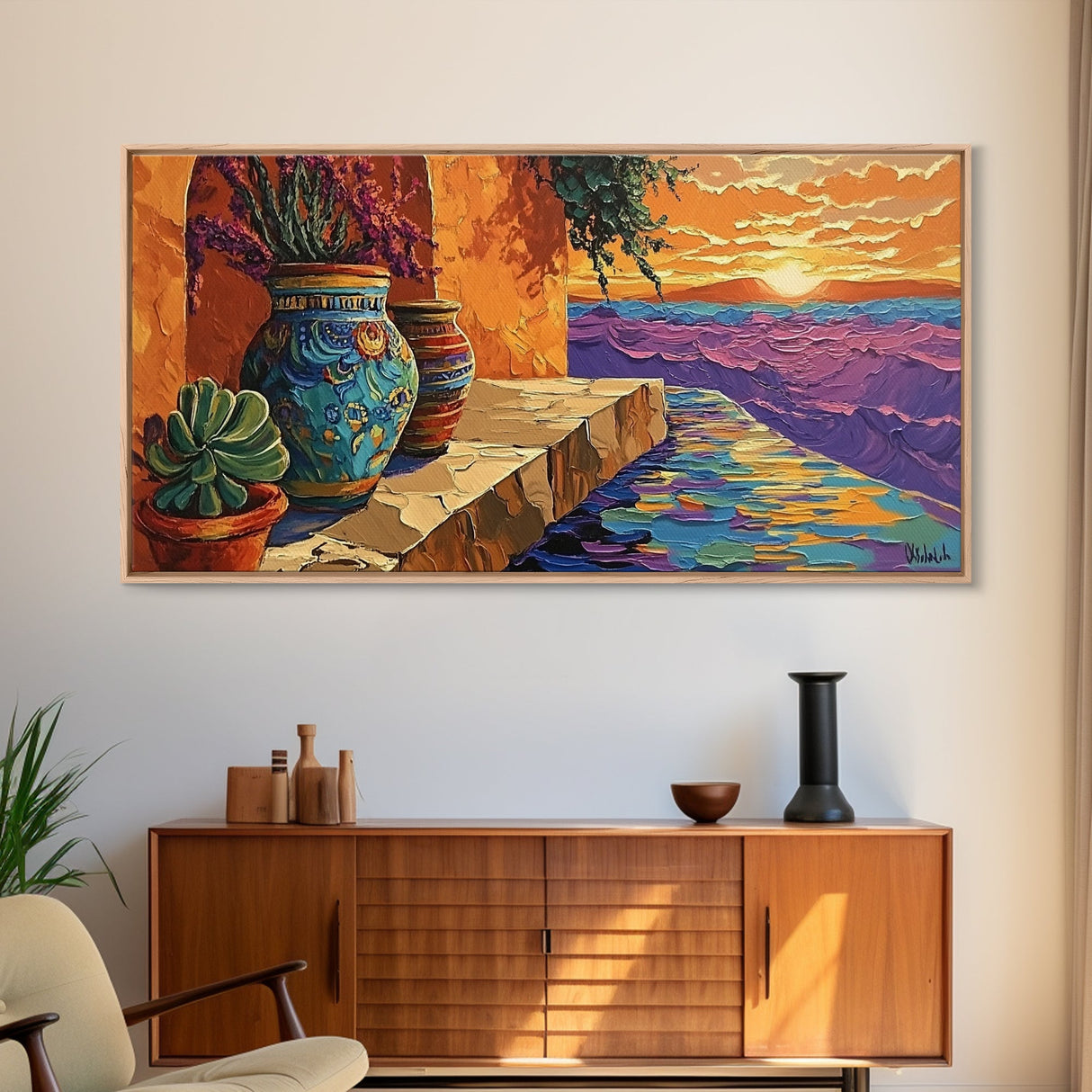 Sunset Terracotta, Patio, Art, Framed Canvas Print, Colorful Mexican pottery scene, vibrant tropical wall art, boho entryway decor