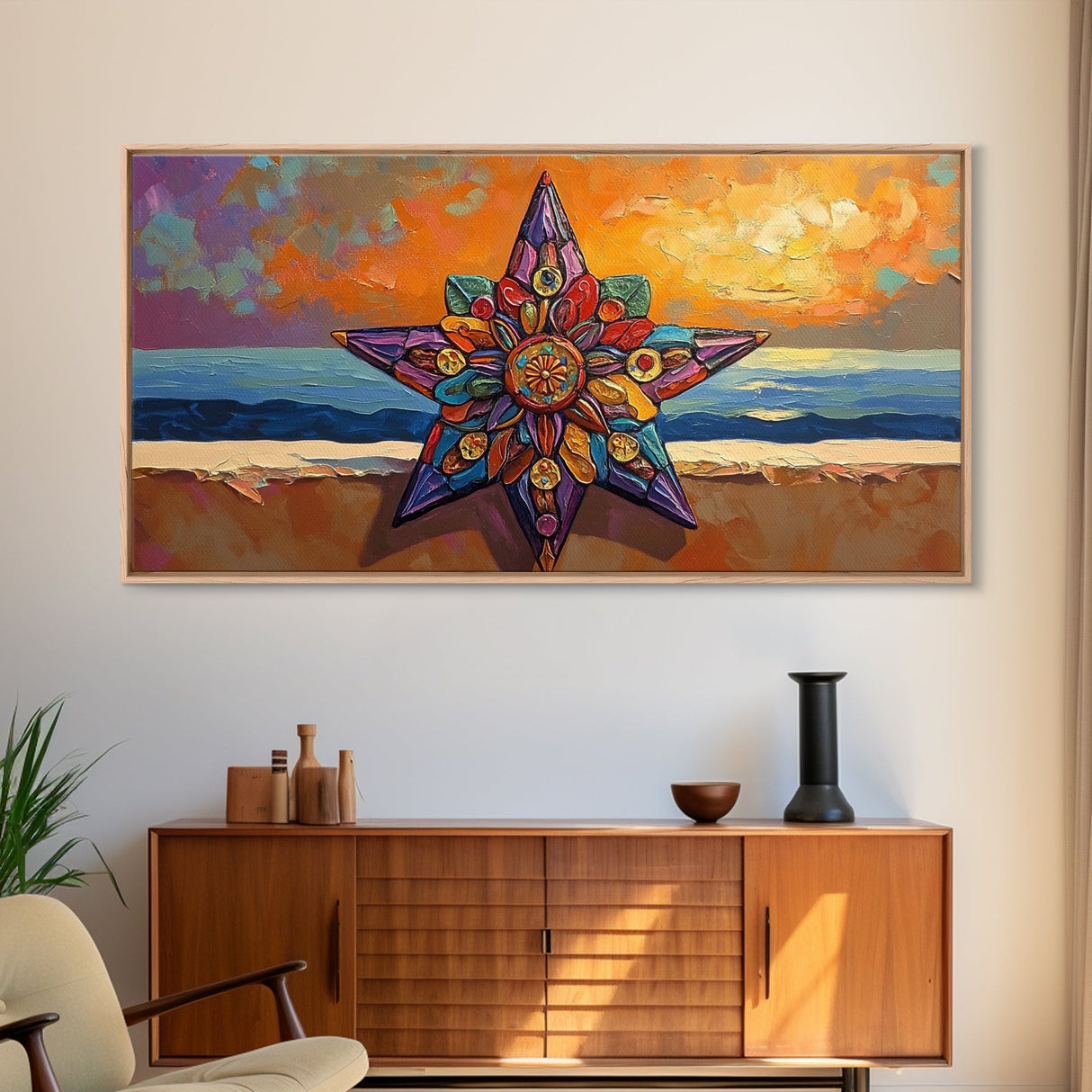 Star Sunset, Ocean, Mandala, Framed Canvas Print vibrant boho wall art, coastal living room decor, sunset mandala beach house artwork