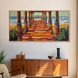 Pier Beach, Sunset, Vibrant, Canvas Print tropical coastal wall art, beach hallway decor, ocean waves painting, summer home artwork