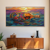 Bottle Ocean, Sunset, Flowers, Framed Canvas Print tropical beach bathroom decor, coastal boho wall art, floral message bottle painting