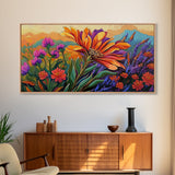 Flower Sunrise, Field, Vibrant, Canvas Print boho floral bedroom wall art, wildflower sunrise nature decor, garden field artwork