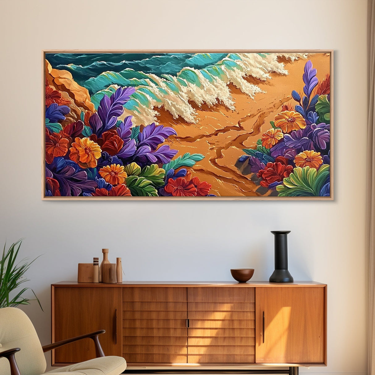 Tropical, Flower, Wave Art, Framed Canvas Print, coastal floral seascape painting, vibrant Summer Decor, Bathroom Wall Art, boho art