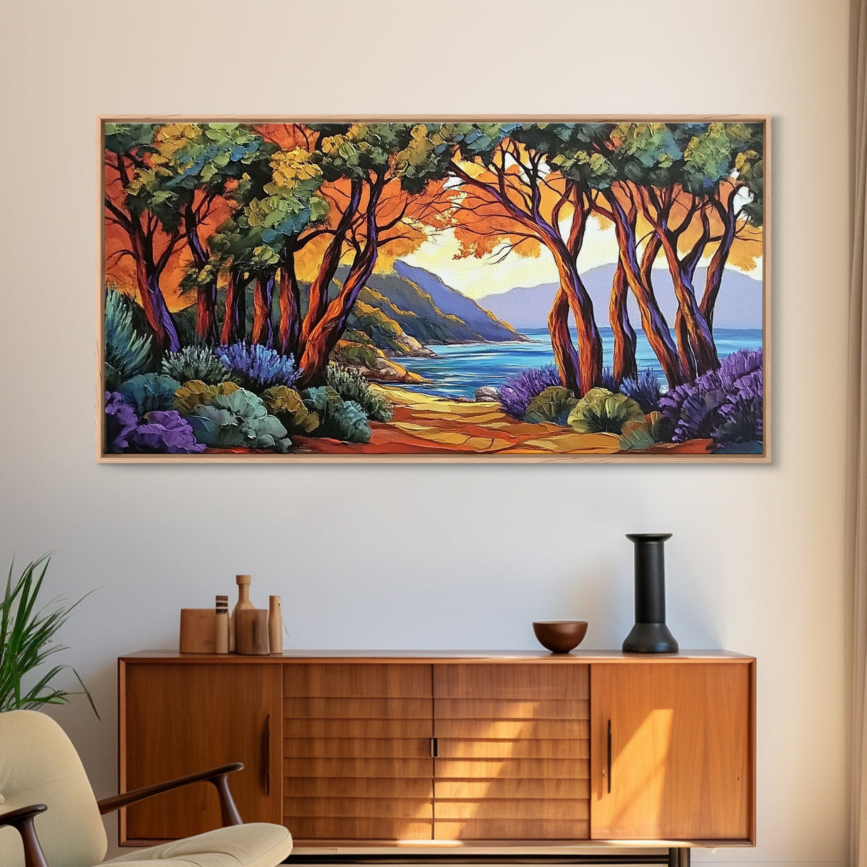 Trees Autumn, Ocean Trail, Canvas Print, Fall landscape, trees leading to ocean view, colorful palette, Living Room Wall Art