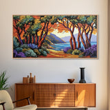 Trees Autumn, Ocean Trail, Canvas Print, Fall landscape, trees leading to ocean view, colorful palette, Living Room Wall Art
