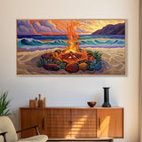 Beach Campfire, Sunset, Tropical Vibes, island evening Canvas Print, fall boho decor, colorful beach firepit living room wall art