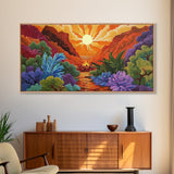 Campfire Valley, Sunset, Vivid Sky, bright forest Canvas Print, fall nature decor, bold boho fire painting, cozy cabin wall art
