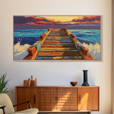 Ocean Pier, Sunset Seascape, Beach House Art, Rustic Dock, Nautical Wall Art, Colorful Painting, Coastal Landscape, Canvas Print