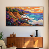Ocean Cliffside, Sunset, View, Framed Canvas Print vibrant coastal nature artwork Living Room Wall Art beach house boho wall decor