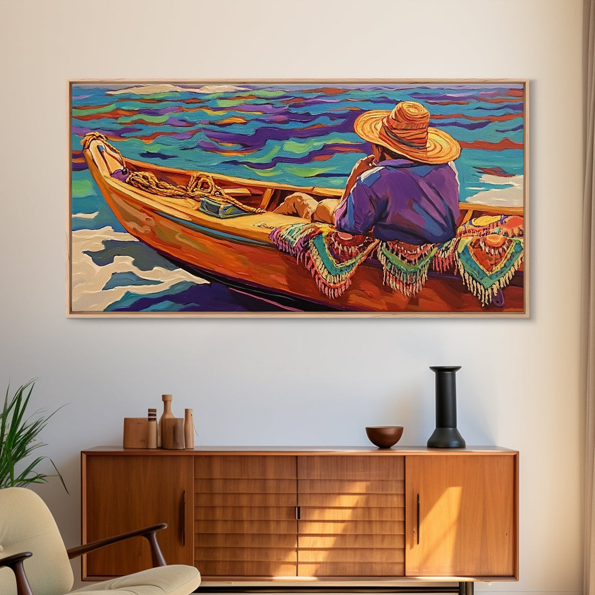 Boat Fisherman, Serene, Waters, Canvas Print colorful coastal life art Office Wall Art tropical ocean boho decor relaxed living