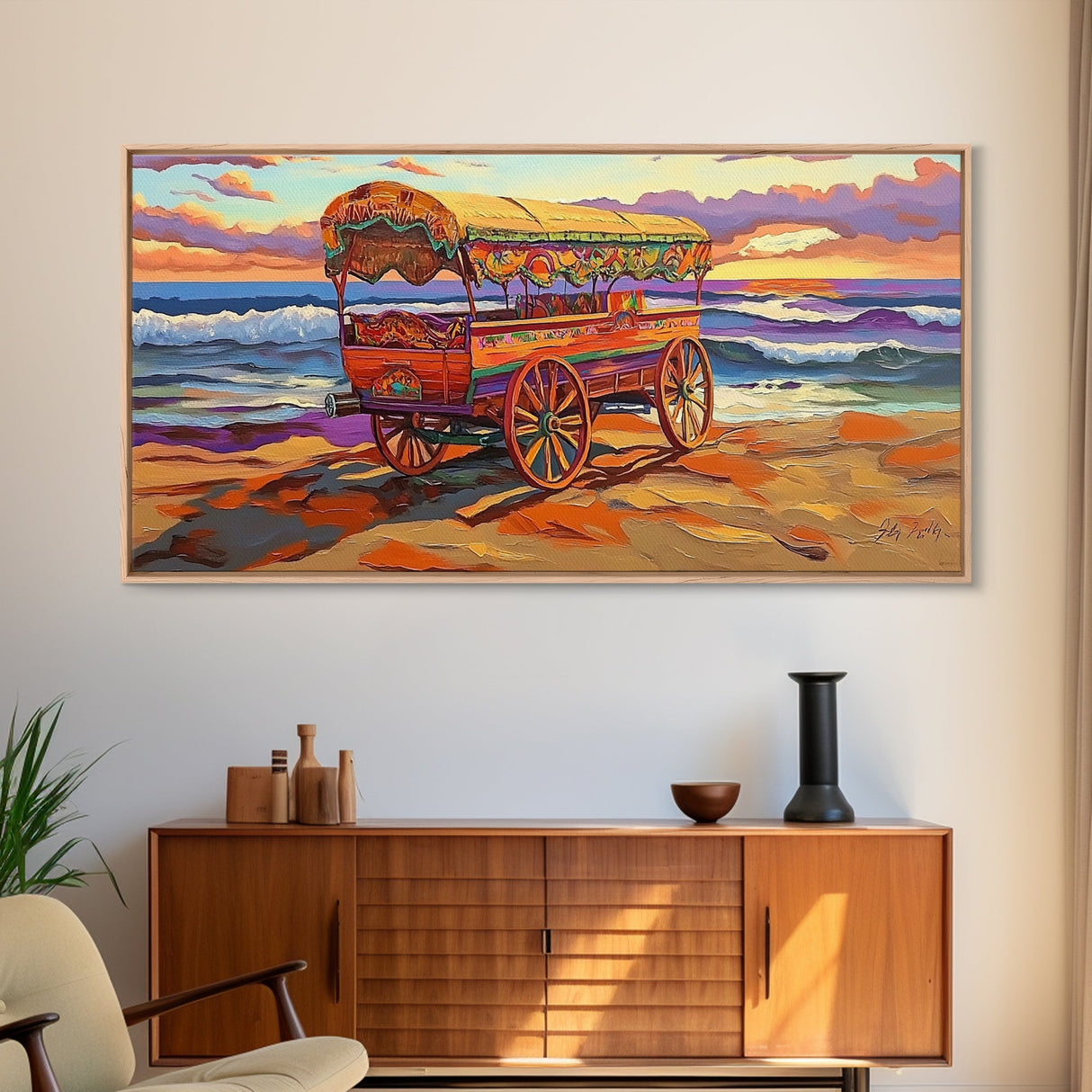 Sunset Beach, Wagon, Vibes, Coastal boho decor, colorful ocean art, Canvas Print, beach house wall art, living room sunset painting