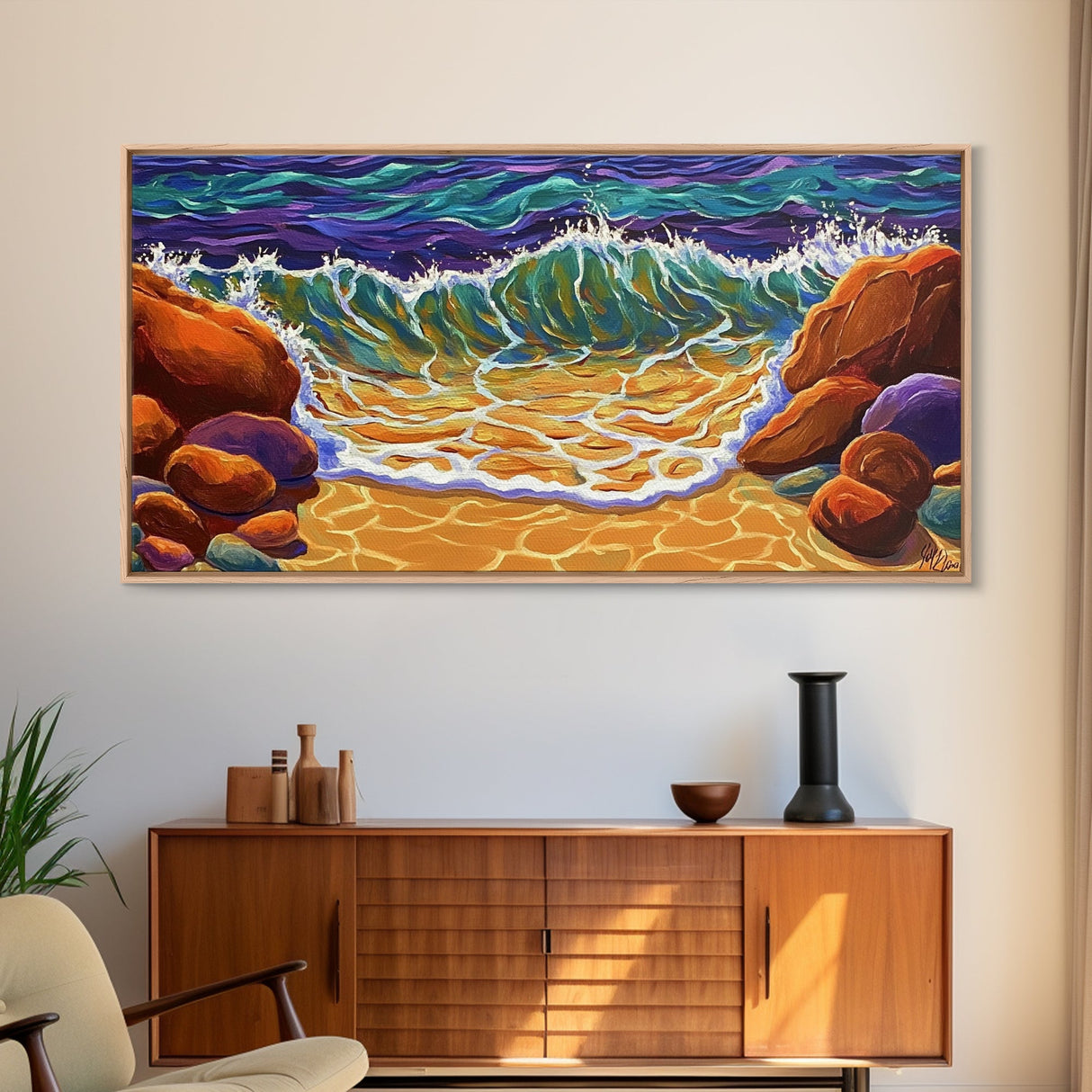 Wave Shoreline, Rocks, Splash, Vibrant ocean wall art, coastal home decor, Canvas Print, bathroom beach art, bold seascape painting