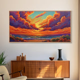 Sunset Ocean, Sky, Framed Canvas Print, Vibrant sunset ocean wall decor, clouds seascape painting, Living Room Wall Art, boho art