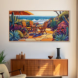 Patio, Ocean, Dining, Framed Canvas Print, Colorful seaside patio with umbrella and table scene, Summer vibes, Dining Room Wall Art