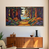 Forest Path, Ocean, Framed Canvas Print, Redwood forest trail to ocean scene, Nature inspired art, Rustic Living Room Wall Art
