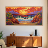 Sunset Waves, Rocks, Framed Canvas Print, Vibrant ocean sunset, crashing waves cliffs painting, Coastal Decor, Beach House Wall Art