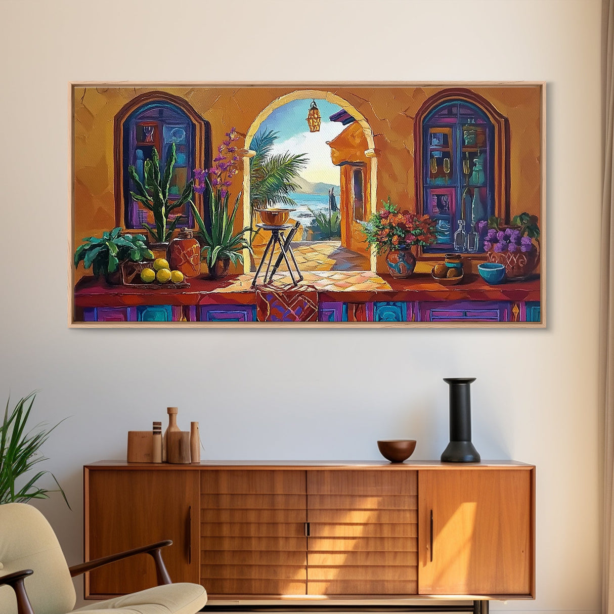 Archway Ocean, Tropical, Framed Canvas Print, Colorful tropical patio view through arch, Mexican coastal decor, Dining Wall Art