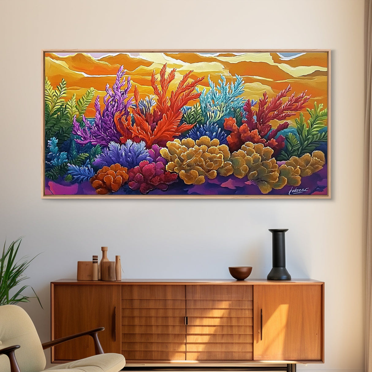 Reef Sunset, Underwater, Framed Canvas Print, Vibrant coral reef with tropical plants, sunset sky, Beachy decor, Bathroom Wall Art