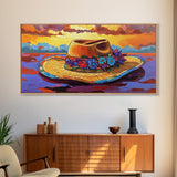 Hat Floral, Sunset, Framed Canvas Print, Boho straw hat with flowers on beach at sunset, Whimsical Summer Art, Entryway Wall Art