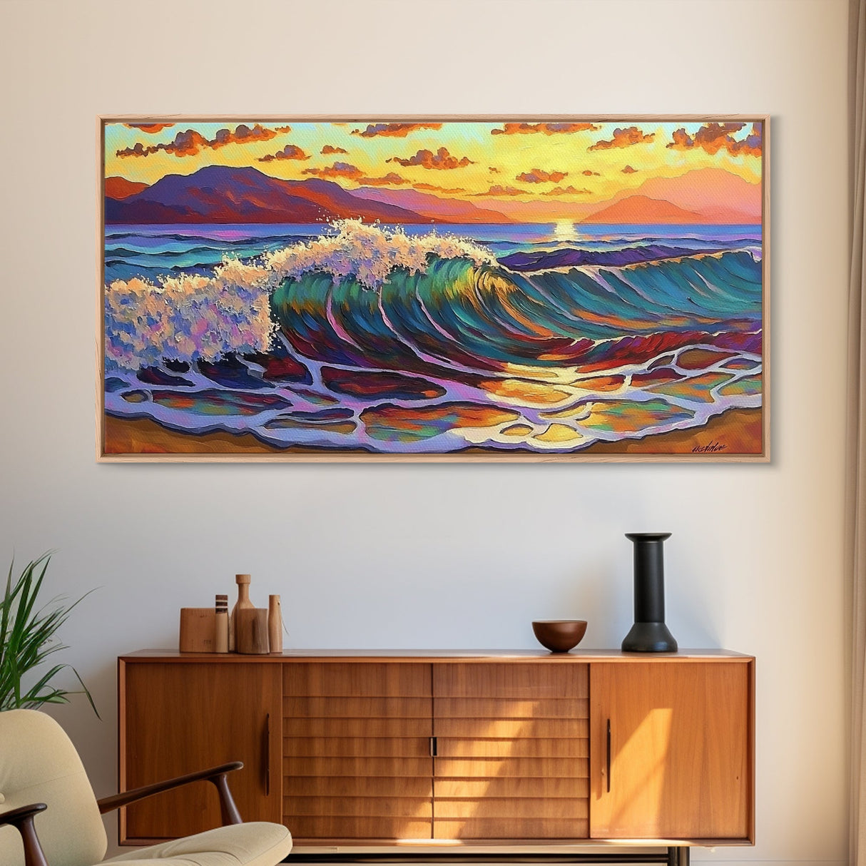 Waves Surf, Sunset, Framed Canvas Print, Colorful crashing wave with glowing sunset sky, Coastal Surfer Decor, Beach House Wall Art