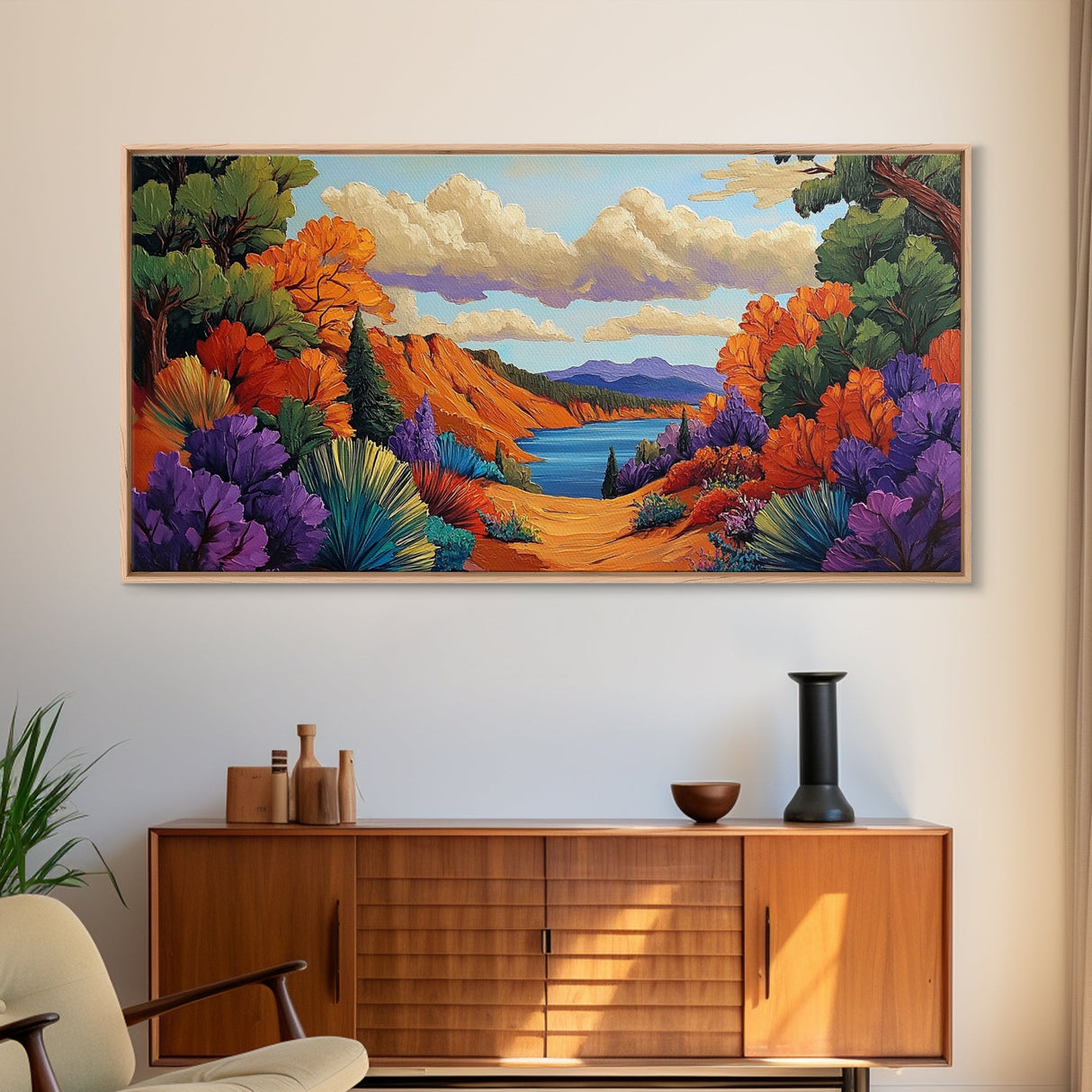 Autumn Lake, Path, Framed Canvas Print, Vibrant Fall forest trail leading to lake painting, Cozy Cabin Decor, Autumn Entryway Art