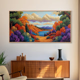 Autumn Lake, Path, Framed Canvas Print, Vibrant Fall forest trail leading to lake painting, Cozy Cabin Decor, Autumn Entryway Art