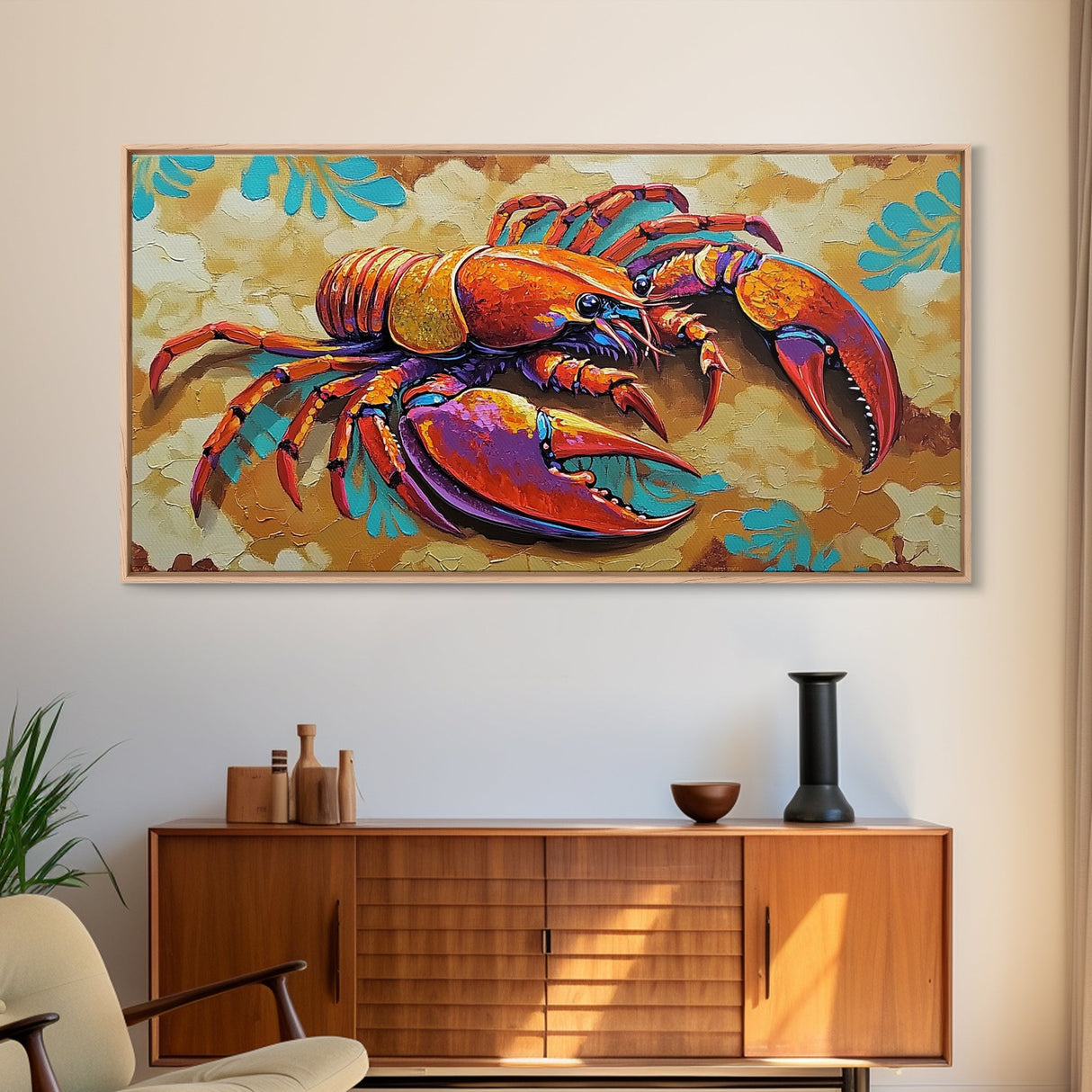 Lobster Coastal, Bold, Framed Canvas Print, Vibrant abstract lobster on sandy background, Nautical Kitchen Decor, Bold Coastal Wall Art