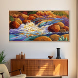 Autumn River, Rocks, Splash, Framed Canvas Print, colorful waterfall painting, nature wall art, rustic cabin decor, landscape art