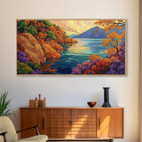 Mountain Lake, Trees, Reflection, Canvas Print with vivid autumn landscape painting, living room wall art, boho nature decor