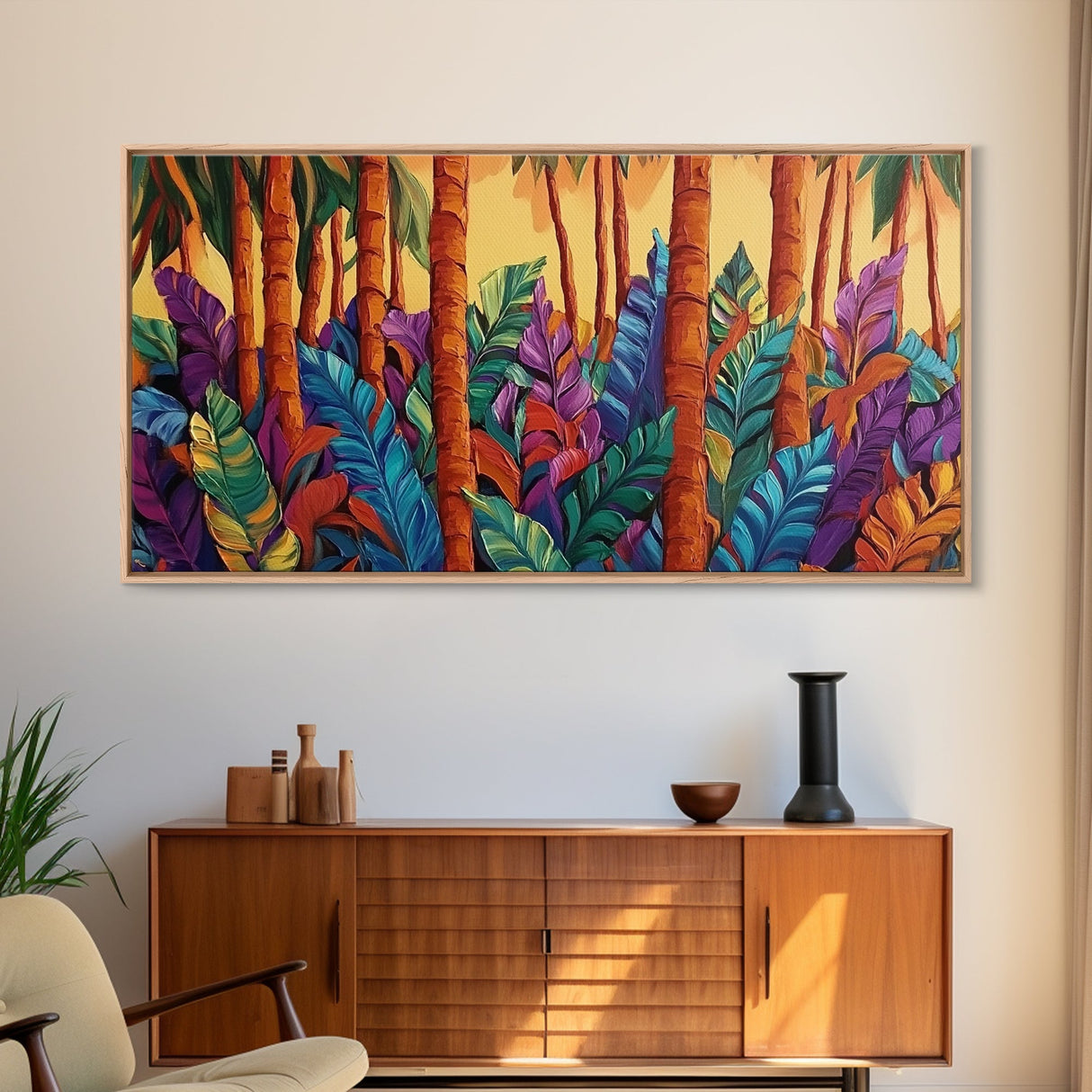 Jungle Leaves, Palms, Tropical, Framed Canvas Print, vibrant rainforest botanical wall art, boho plant decor, entryway art