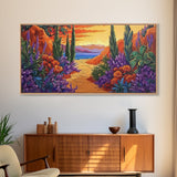 Pathway Sunset, Garden, Ocean, Canvas Print, vivid coastal floral scene, entryway decor, sunset wall art, summer vibes painting