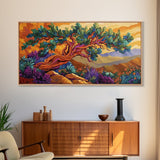 Tree Mountains, Sunset, Windswept, Canvas Print, expressive twisted pine painting, rustic boho decor, nature art, fall wall piece