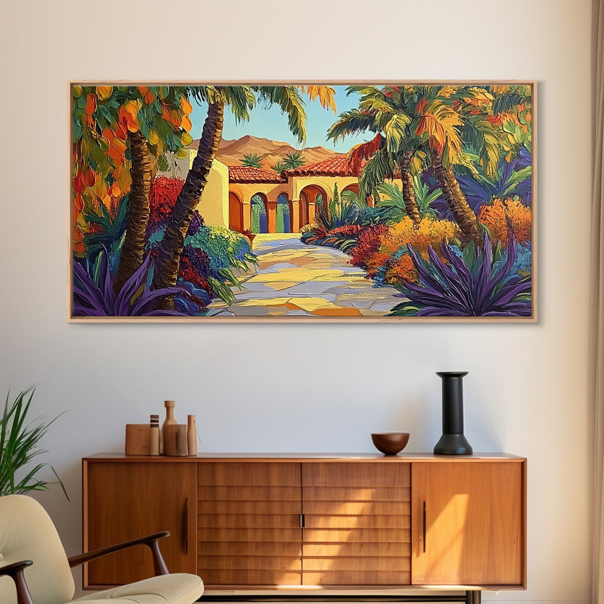 Villa Garden, Palms, Path, Framed Canvas Print, tropical courtyard scene, Mediterranean decor, living room wall art, villa painting