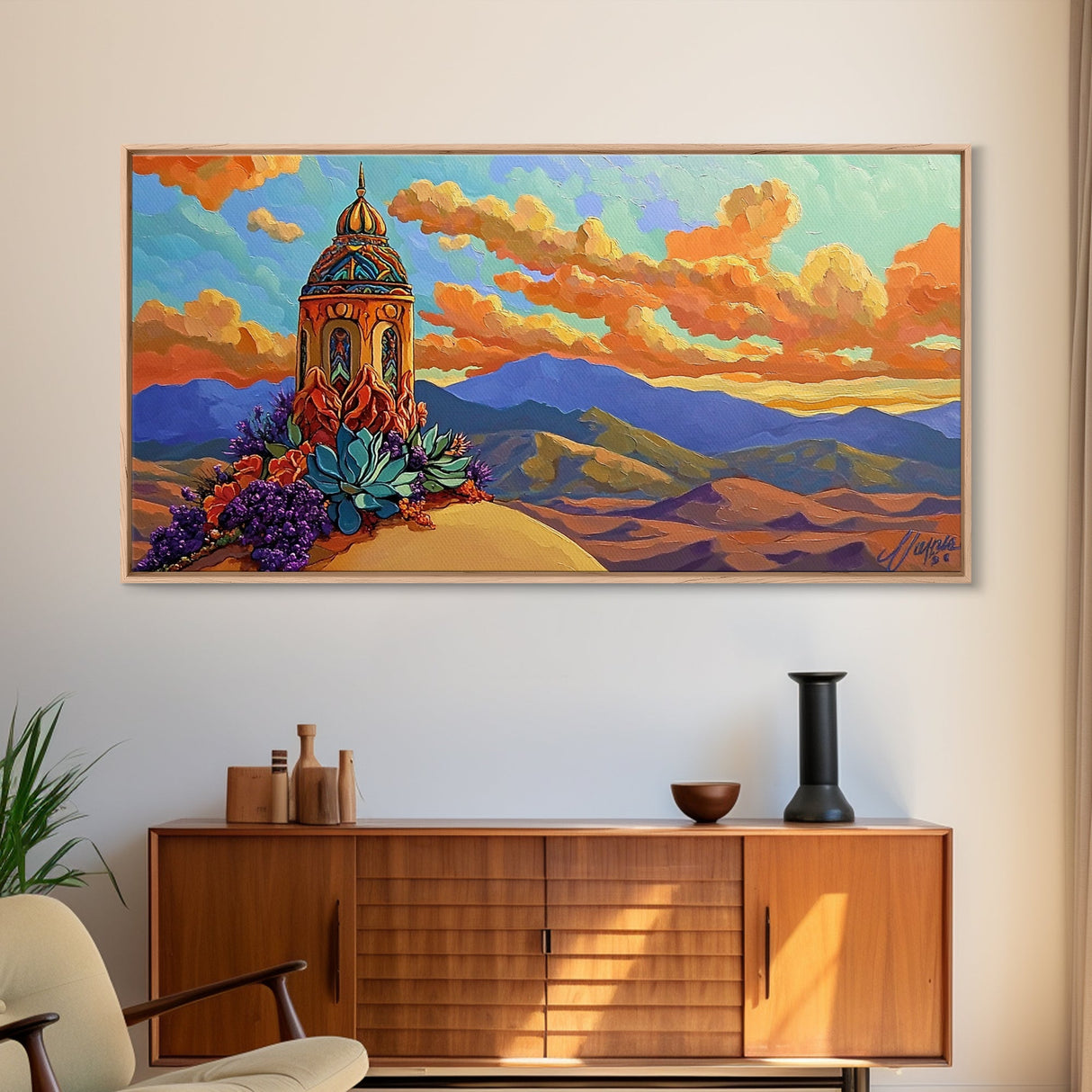 Tower Mountains, Sky, Clouds, Canvas Print, whimsical turret landscape, pastel sky art, colorful fantasy decor, study wall art