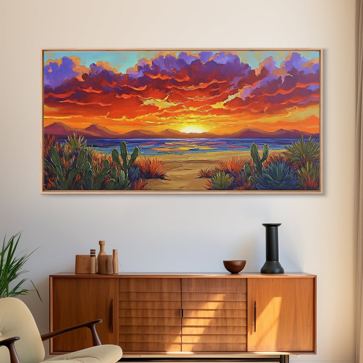 Sunset Beach, Desert, Cactus, Framed Canvas Print, vivid sunset desert beach scene, boho coastal decor, southwestern wall art