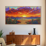 Sunset Beach, Desert, Cactus, Framed Canvas Print, vivid sunset desert beach scene, boho coastal decor, southwestern wall art
