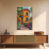 Tropical Villa, Sunset, Vibes, Framed Canvas Print, Mediterranean wall art, boho home decor, warm palette, Kitchen or Living Room